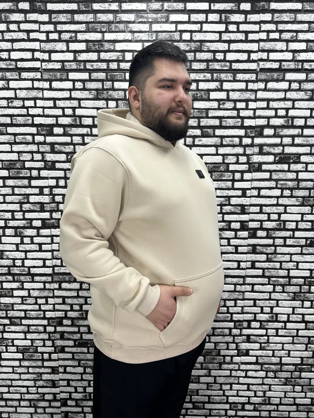 Büyük Beden Erkek 3 İplik Şardonlu Kapüşonlu Kanguru Cepli Dikiş Amblem Sweat 5 Renk