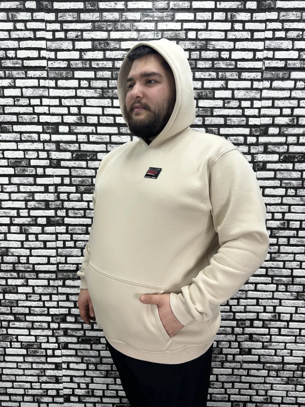 Büyük Beden Erkek 3 İplik Şardonlu Kapüşonlu Kanguru Cepli Dikiş Amblem Sweat 5 Renk