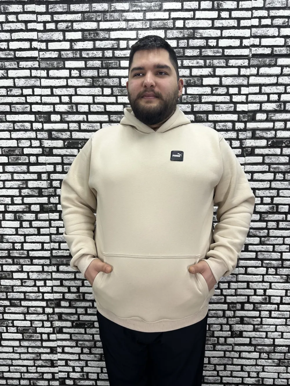 Büyük Beden Erkek 3 İplik Şardonlu Kapüşonlu Kanguru Cepli Dikiş Amblem Sweat 5 Renk