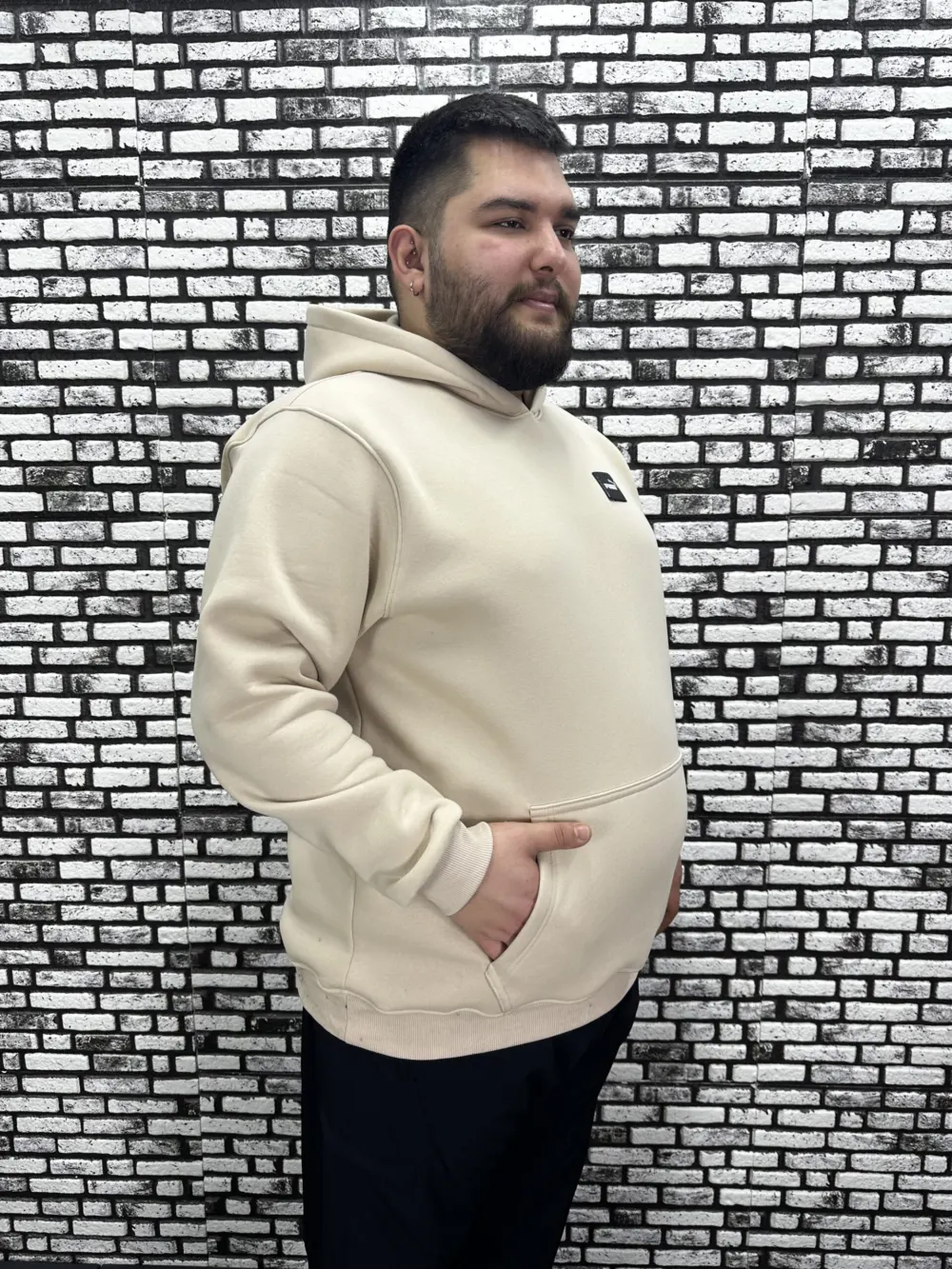 Büyük Beden Erkek 3 İplik Şardonlu Kapüşonlu Kanguru Cepli Dikiş Amblem Sweat 5 Renk