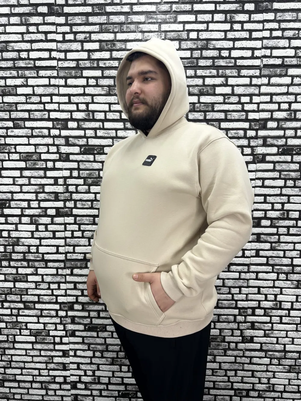 Büyük Beden Erkek 3 İplik Şardonlu Kapüşonlu Kanguru Cepli Dikiş Amblem Sweat 5 Renk
