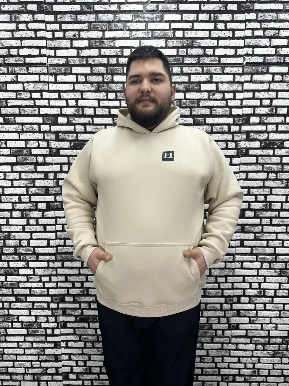 Büyük Beden Erkek 3 İplik Şardonlu Kapüşonlu Kanguru Cepli Dikiş Amblem Sweat 5 Renk