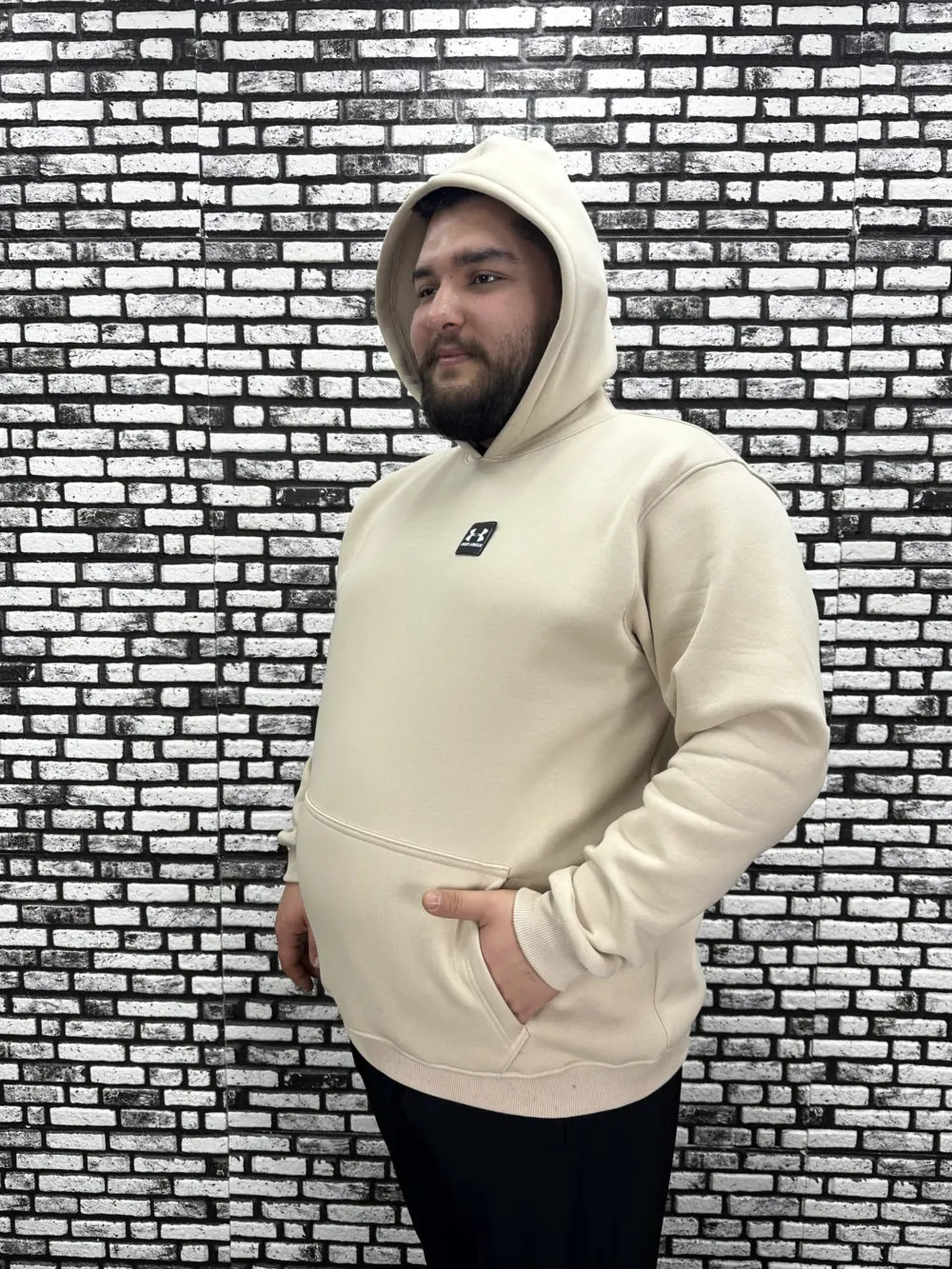 Büyük Beden Erkek 3 İplik Şardonlu Kapüşonlu Kanguru Cepli Dikiş Amblem Sweat 5 Renk