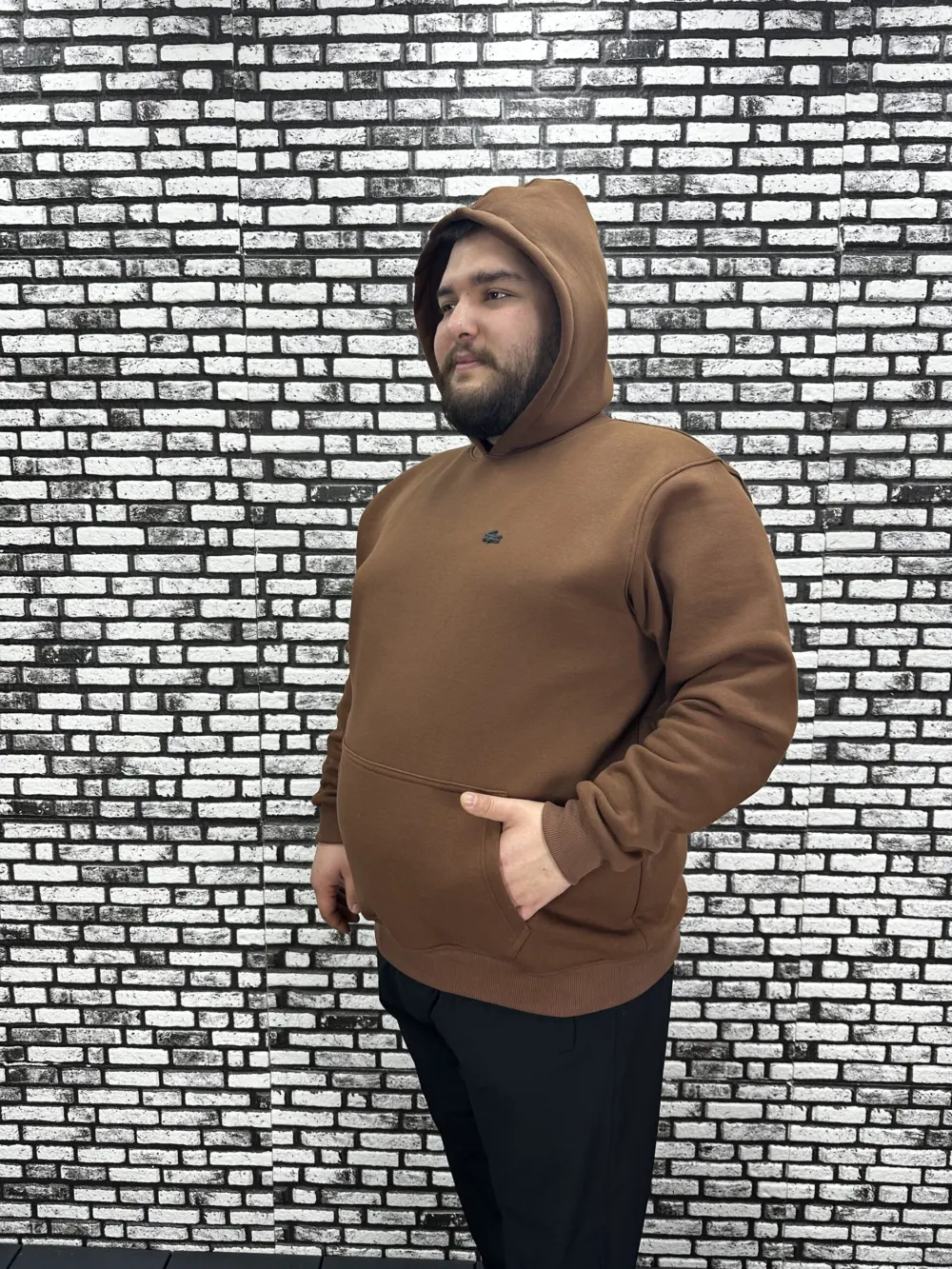 Büyük Beden Erkek 3 İplik Şardonlu Kapüşonlu Kanguru Cepli Dikiş Amblem Sweat 5 Renk