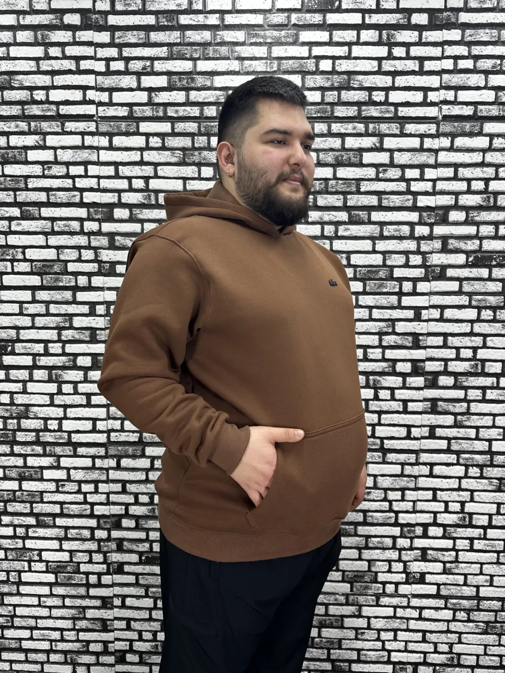 Büyük Beden Erkek 3 İplik Şardonlu Kapüşonlu Kanguru Cepli Dikiş Amblem Sweat 5 Renk