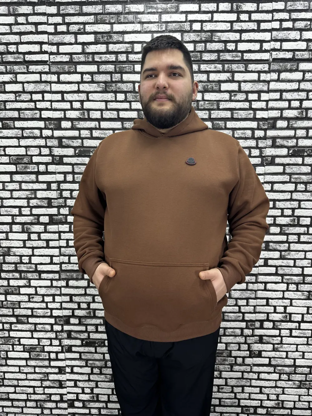 Büyük Beden Erkek 3 İplik Şardonlu Kapüşonlu Kanguru Cepli Dikiş Amblem Sweat 5 Renk