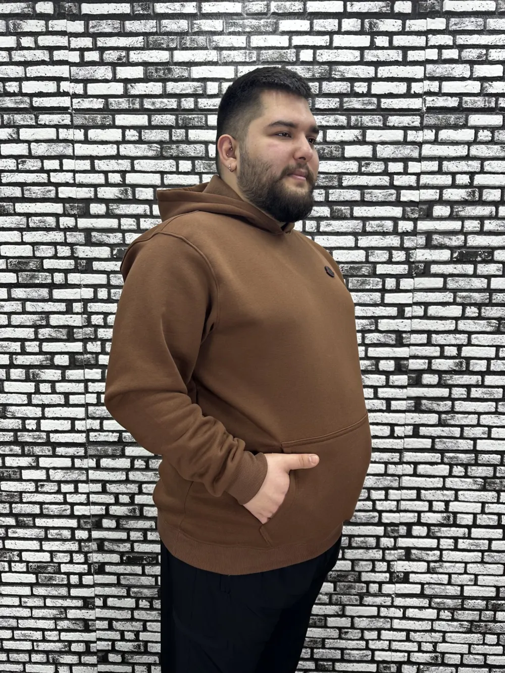 Büyük Beden Erkek 3 İplik Şardonlu Kapüşonlu Kanguru Cepli Dikiş Amblem Sweat 5 Renk