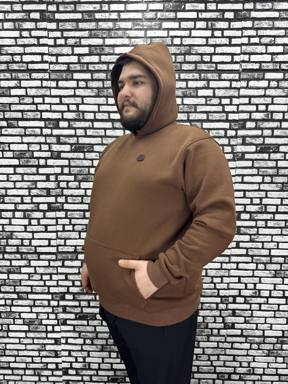 Büyük Beden Erkek 3 İplik Şardonlu Kapüşonlu Kanguru Cepli Dikiş Amblem Sweat 5 Renk
