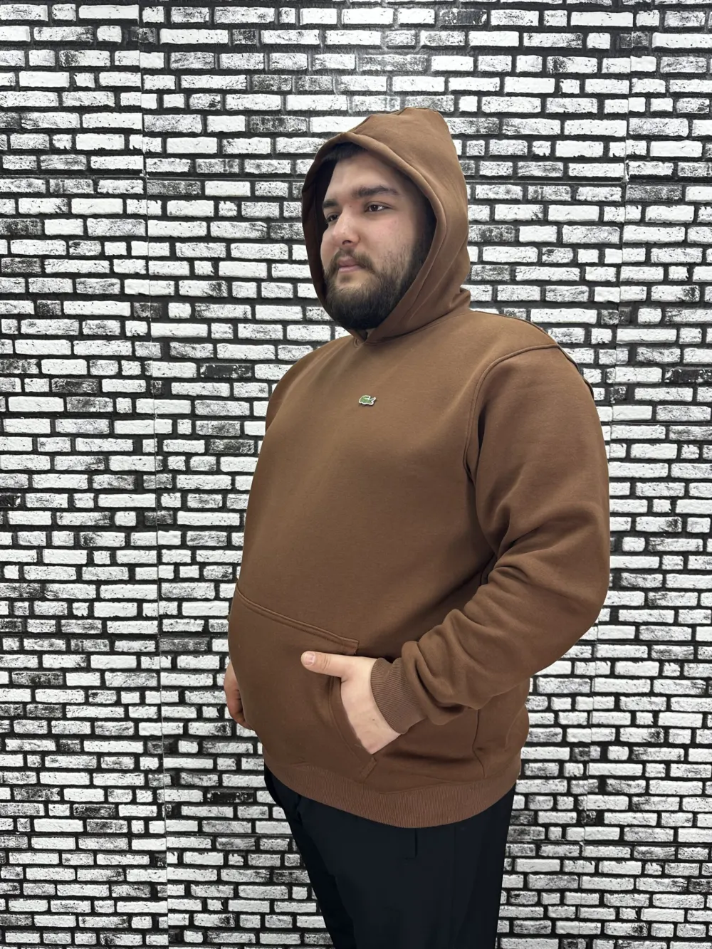 Büyük Beden Erkek 3 İplik Şardonlu Kapüşonlu Kanguru Cepli Dikiş Amblem Sweat 5 Renk