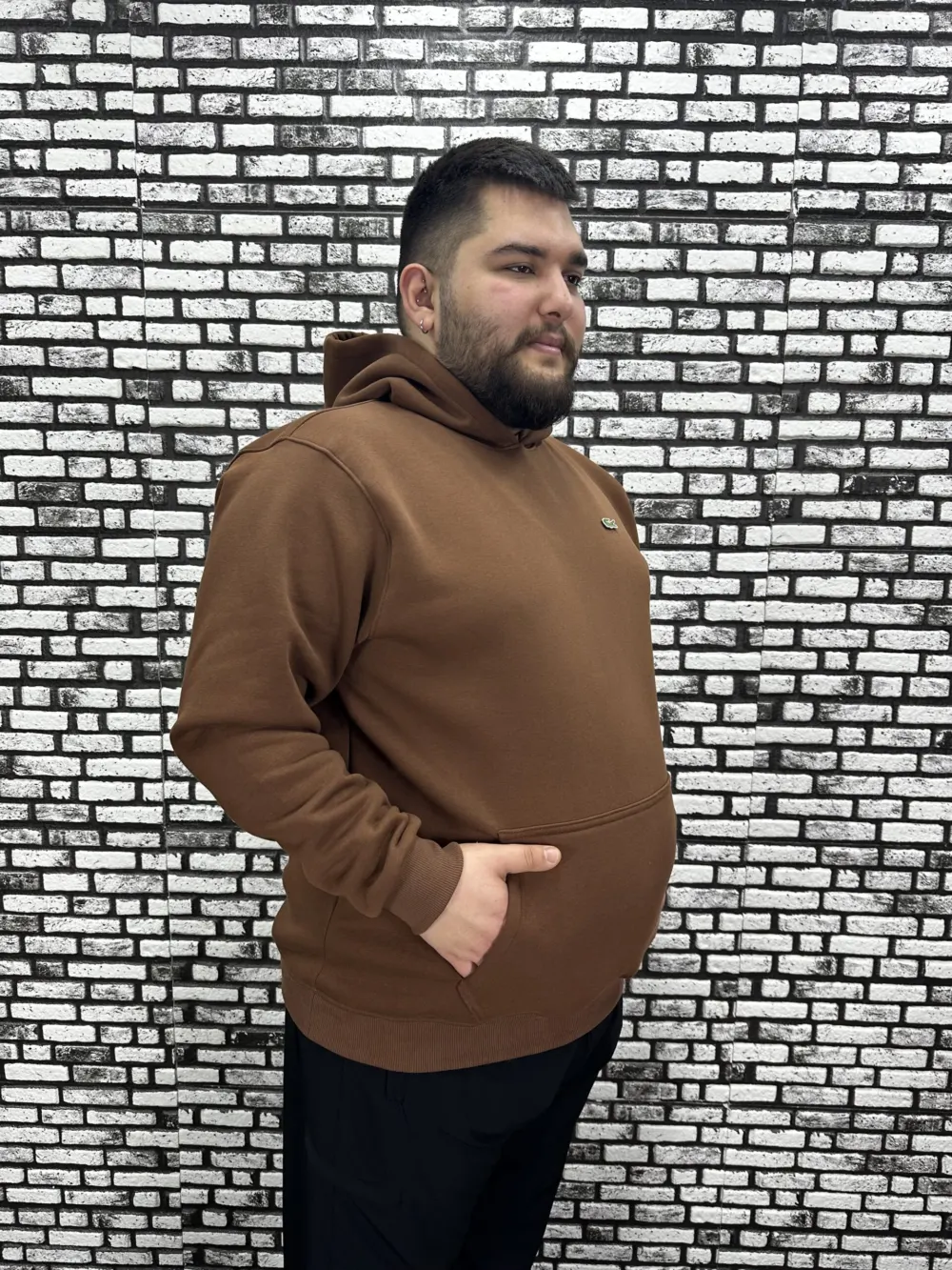 Büyük Beden Erkek 3 İplik Şardonlu Kapüşonlu Kanguru Cepli Dikiş Amblem Sweat 5 Renk