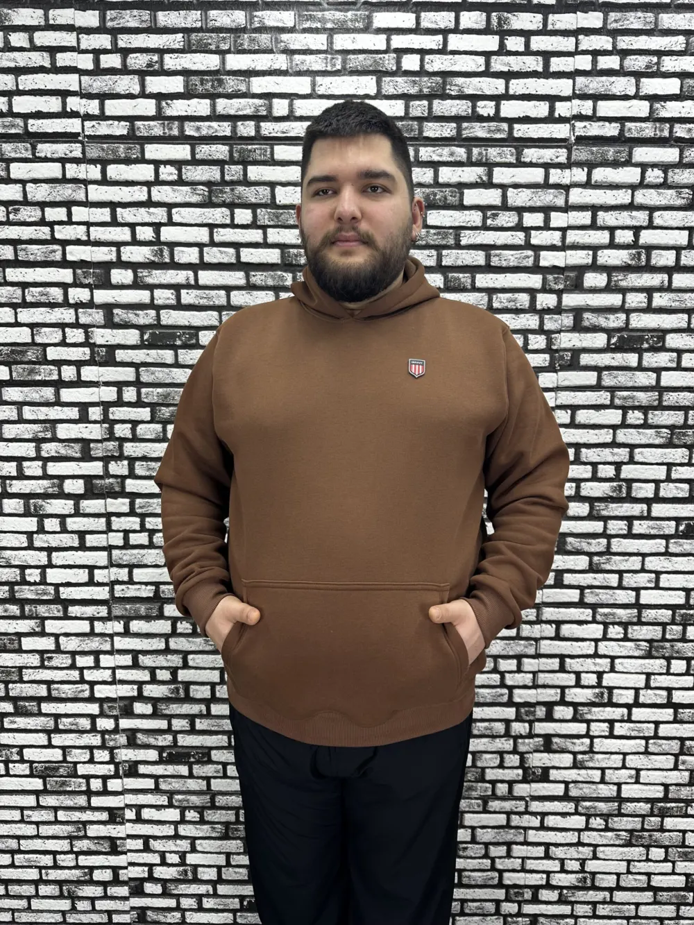 Büyük Beden Erkek 3 İplik Şardonlu Kapüşonlu Kanguru Cepli Dikiş Amblem Sweat 5 Renk