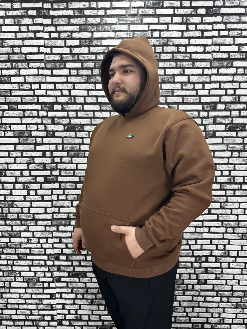 Büyük Beden Erkek 3 İplik Şardonlu Kapüşonlu Kanguru Cepli Dikiş Amblem Sweat 5 Renk