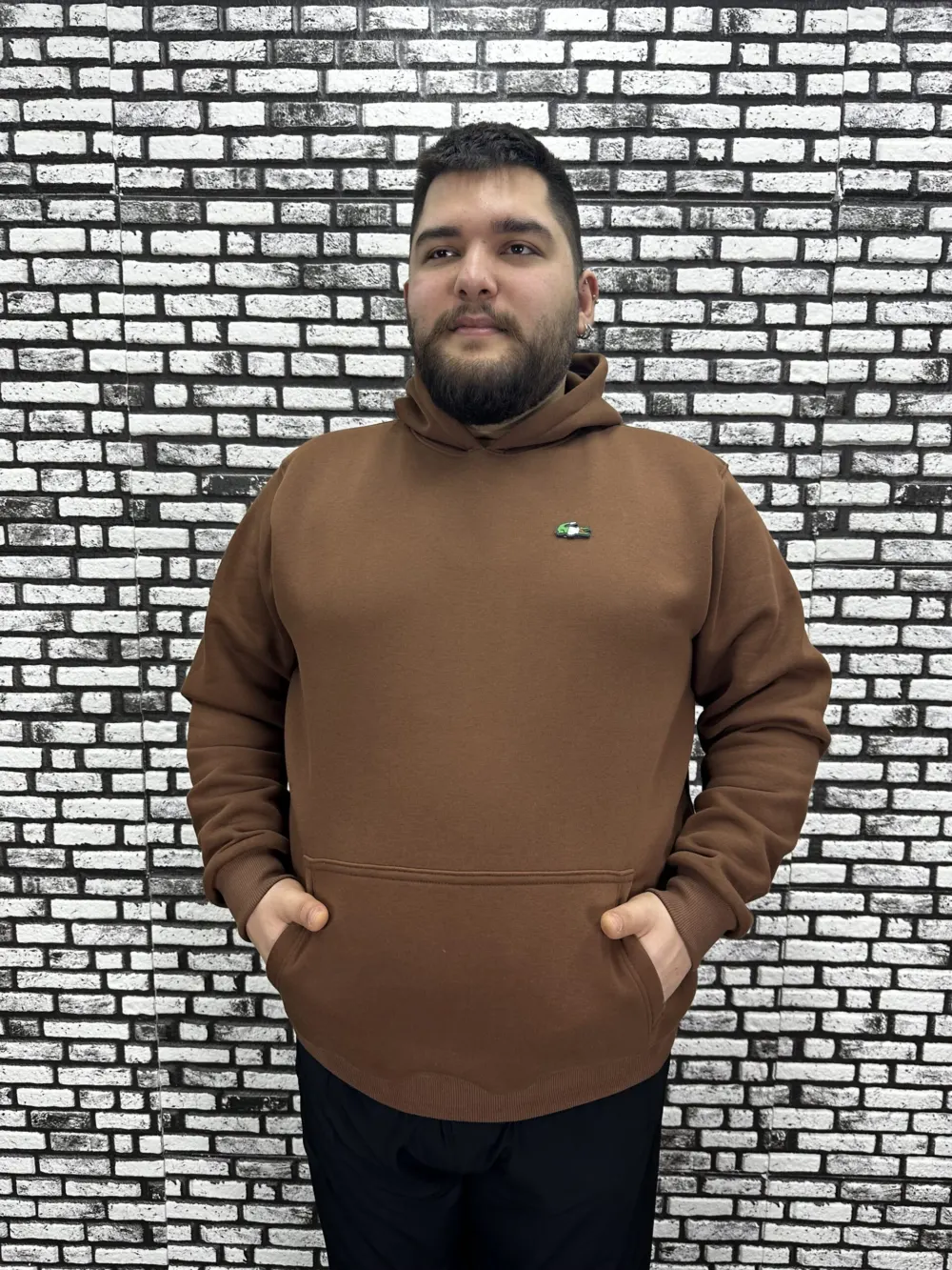 Büyük Beden Erkek 3 İplik Şardonlu Kapüşonlu Kanguru Cepli Dikiş Amblem Sweat 5 Renk