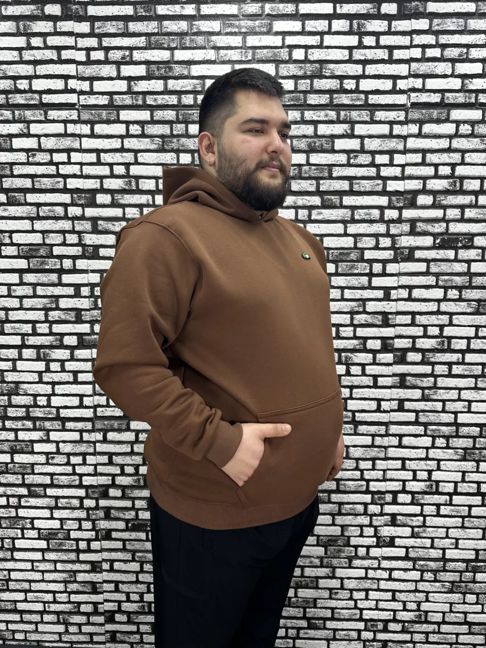 Büyük Beden Erkek 3 İplik Şardonlu Kapüşonlu Kanguru Cepli Dikiş Amblem Sweat 5 Renk