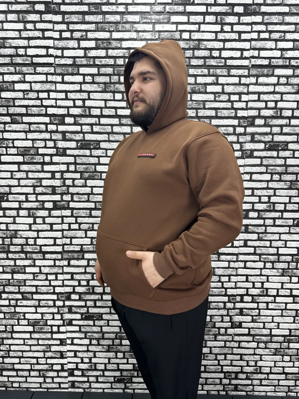 Büyük Beden Erkek 3 İplik Şardonlu Kapüşonlu Kanguru Cepli Dikiş Amblem Sweat 5 Renk