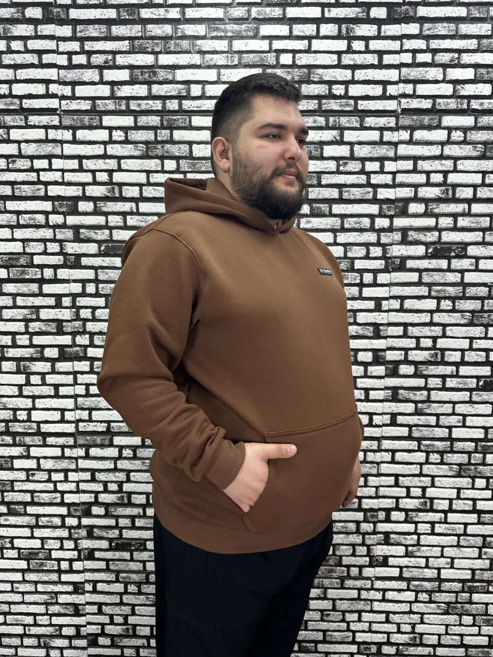 Büyük Beden Erkek 3 İplik Şardonlu Kapüşonlu Kanguru Cepli Dikiş Amblem Sweat 5 Renk