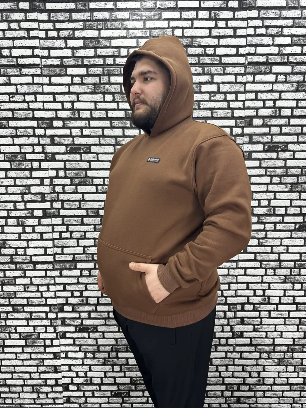 Büyük Beden Erkek 3 İplik Şardonlu Kapüşonlu Kanguru Cepli Dikiş Amblem Sweat 5 Renk