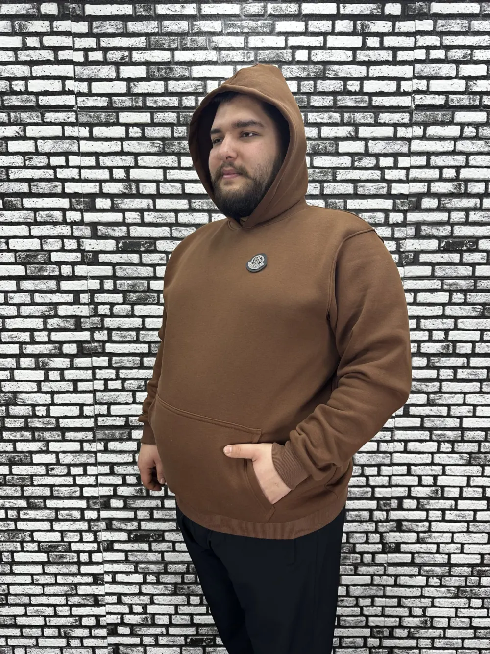 Büyük Beden Erkek 3 İplik Şardonlu Kapüşonlu Kanguru Cepli Dikiş Amblem Sweat 5 Renk