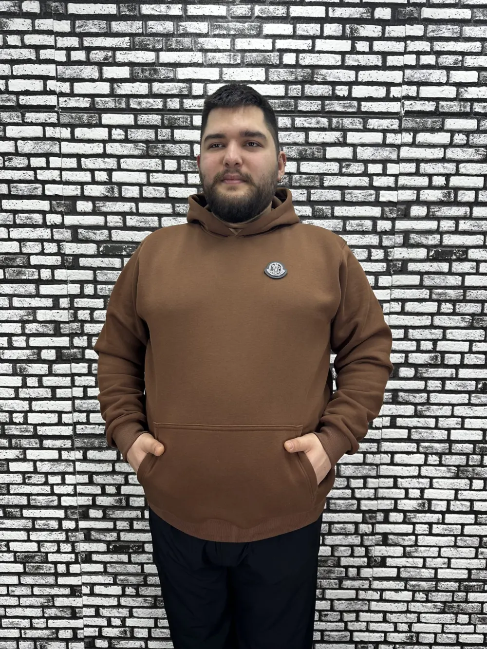 Büyük Beden Erkek 3 İplik Şardonlu Kapüşonlu Kanguru Cepli Dikiş Amblem Sweat 5 Renk