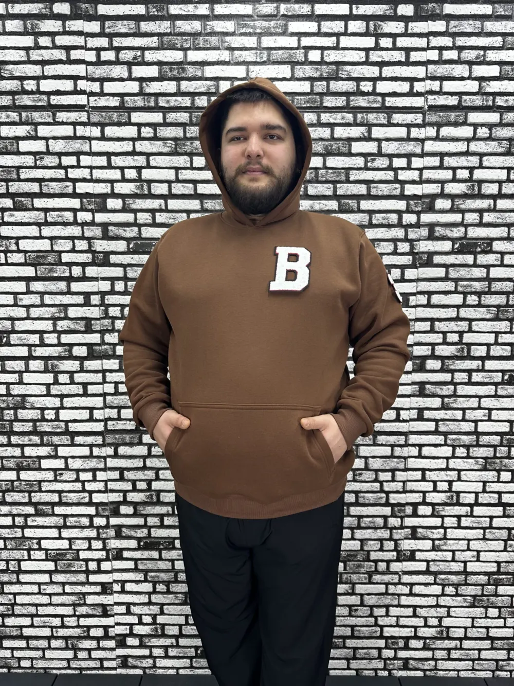 Büyük Beden Erkek 3 İplik Şardonlu Kapüşonlu Kanguru Cepli Dikiş Amblem Sweat 5 Renk