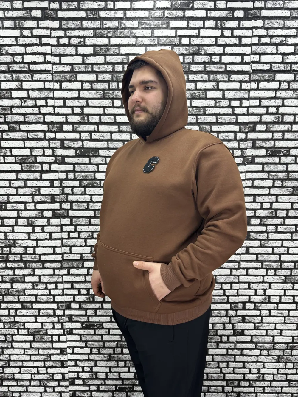 Büyük Beden Erkek 3 İplik Şardonlu Kapüşonlu Kanguru Cepli Dikiş Amblem Sweat 5 Renk