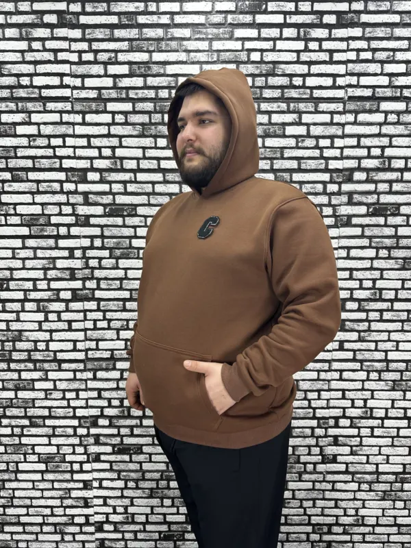 Büyük Beden Erkek 3 İplik Şardonlu Kapüşonlu Kanguru Cepli Dikiş Amblem Sweat 5 Renk