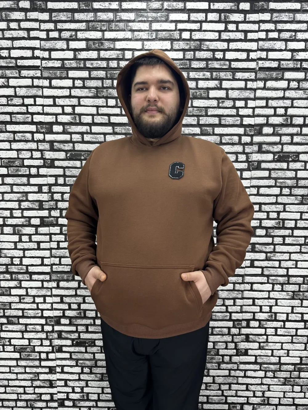 Büyük Beden Erkek 3 İplik Şardonlu Kapüşonlu Kanguru Cepli Dikiş Amblem Sweat 5 Renk