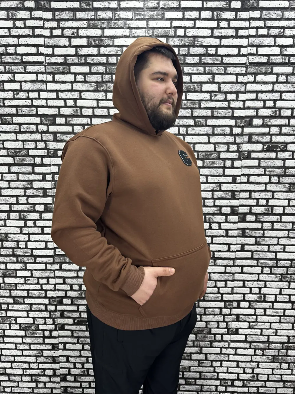 Büyük Beden Erkek 3 İplik Şardonlu Kapüşonlu Kanguru Cepli Dikiş Amblem Sweat 5 Renk