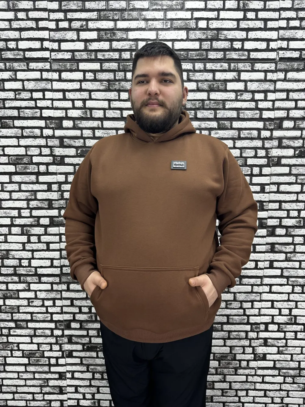 Büyük Beden Erkek 3 İplik Şardonlu Kapüşonlu Kanguru Cepli Dikiş Amblem Sweat 5 Renk