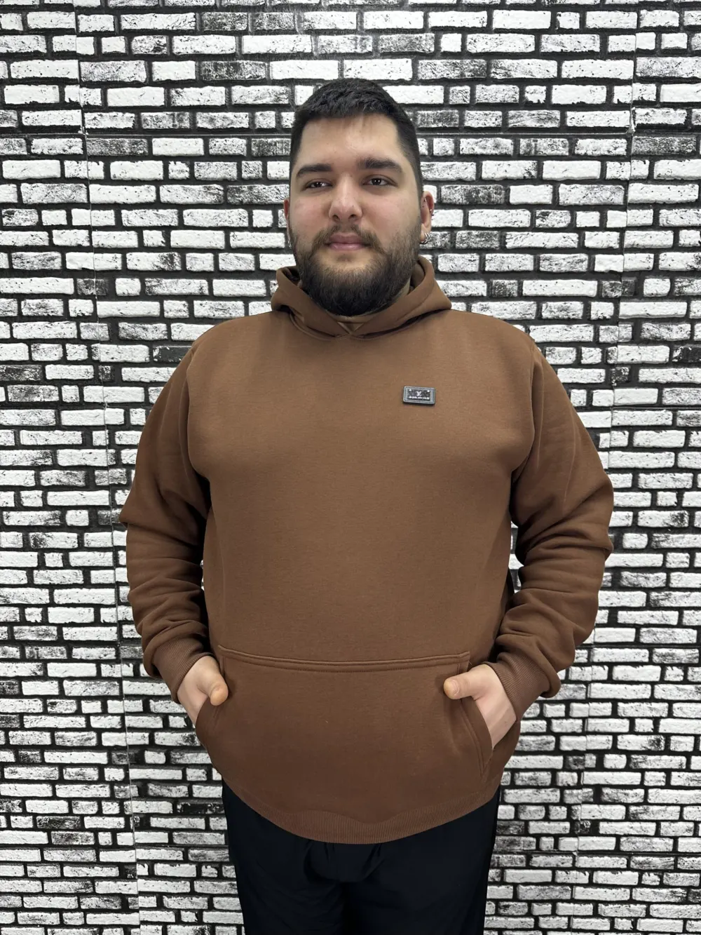 Büyük Beden Erkek 3 İplik Şardonlu Kapüşonlu Kanguru Cepli Dikiş Amblem Sweat 5 Renk