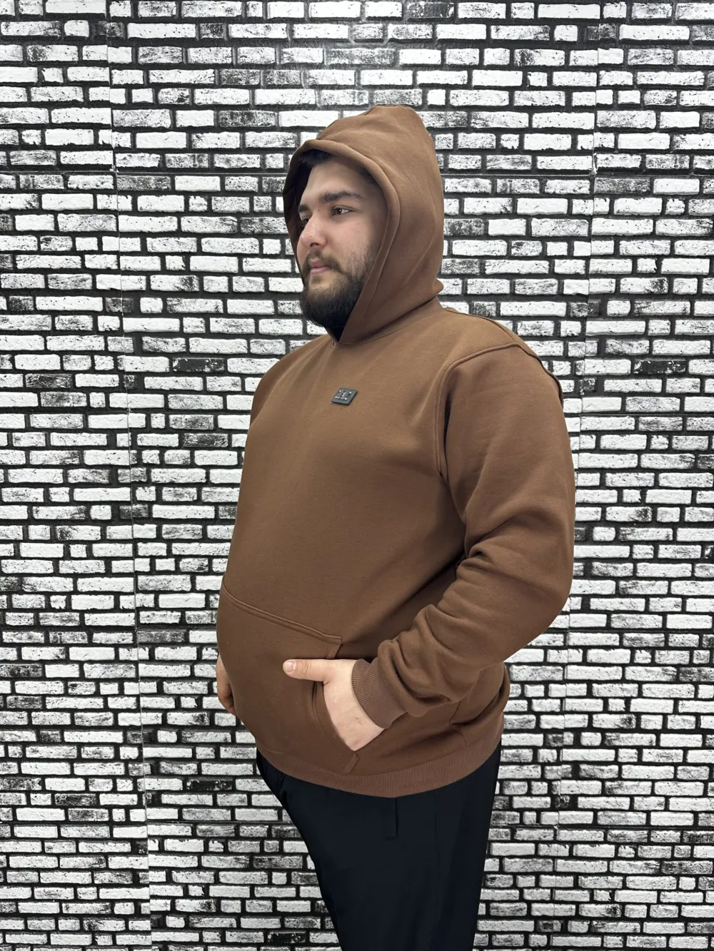 Büyük Beden Erkek 3 İplik Şardonlu Kapüşonlu Kanguru Cepli Dikiş Amblem Sweat 5 Renk