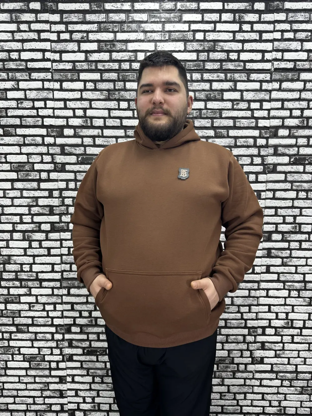 Büyük Beden Erkek 3 İplik Şardonlu Kapüşonlu Kanguru Cepli Dikiş Amblem Sweat 5 Renk