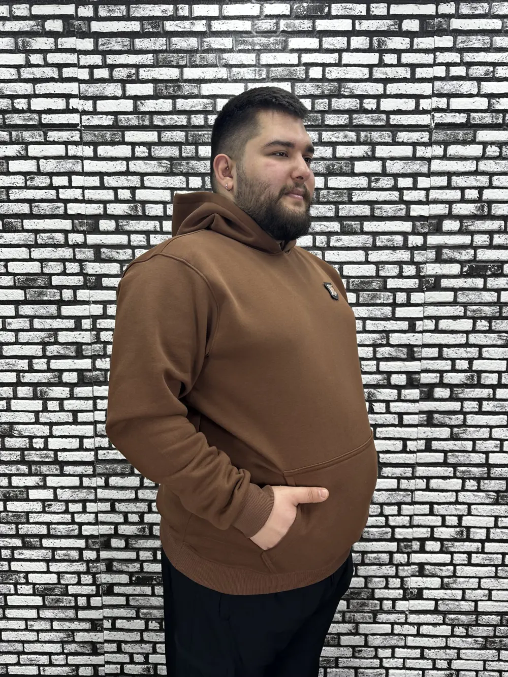 Büyük Beden Erkek 3 İplik Şardonlu Kapüşonlu Kanguru Cepli Dikiş Amblem Sweat 5 Renk