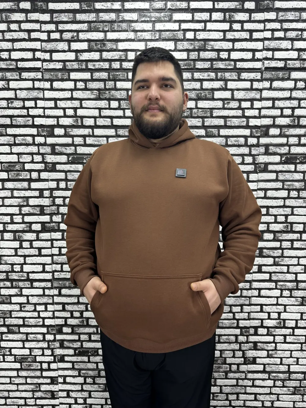 Büyük Beden Erkek 3 İplik Şardonlu Kapüşonlu Kanguru Cepli Dikiş Amblem Sweat 5 Renk