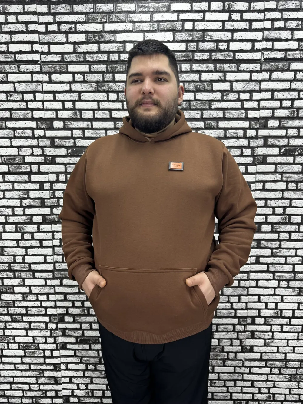 Büyük Beden Erkek 3 İplik Şardonlu Kapüşonlu Kanguru Cepli Dikiş Amblem Sweat 5 Renk