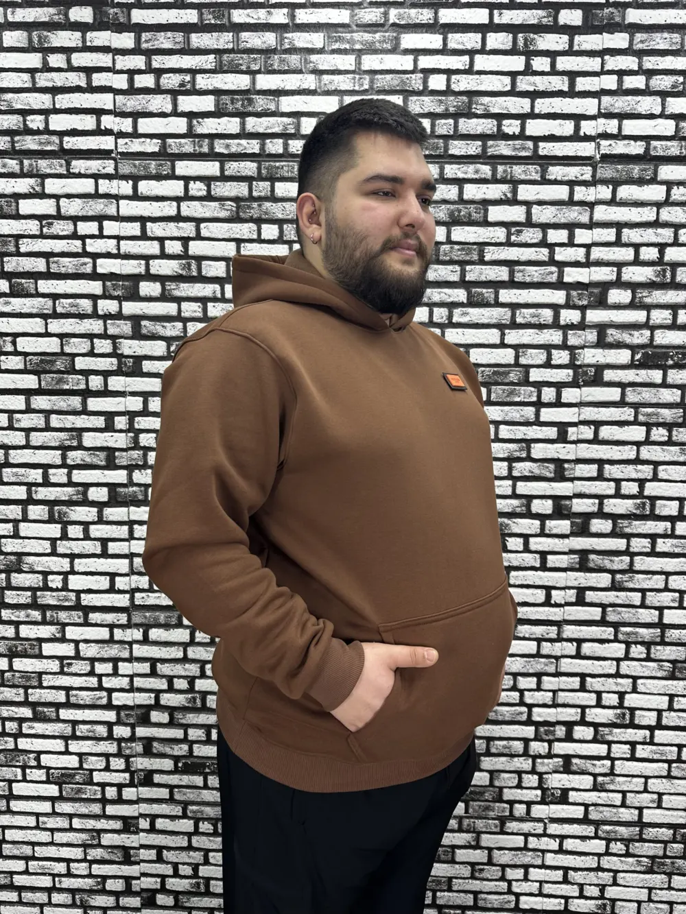 Büyük Beden Erkek 3 İplik Şardonlu Kapüşonlu Kanguru Cepli Dikiş Amblem Sweat 5 Renk