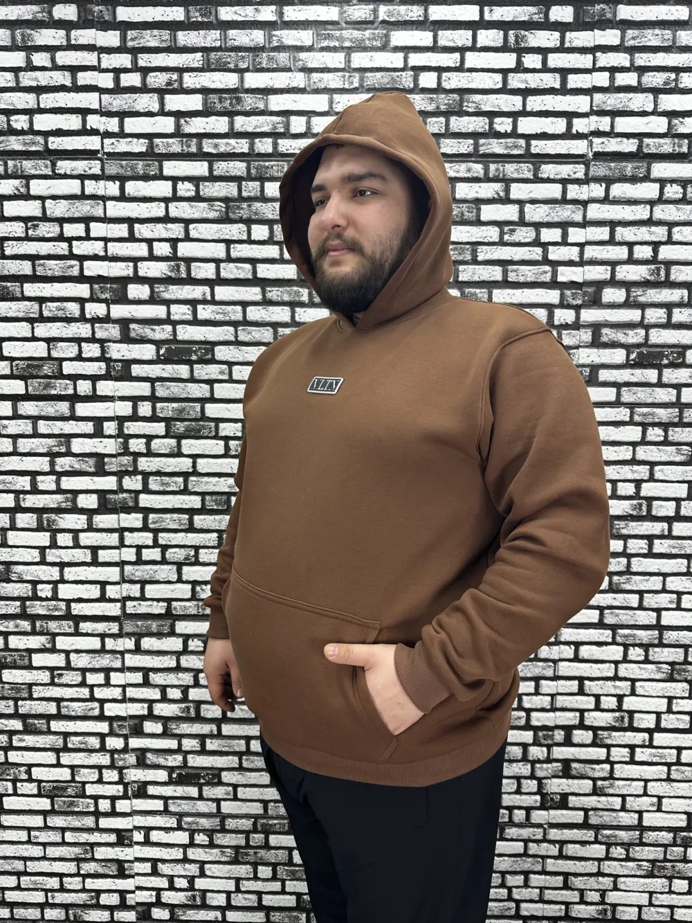 Büyük Beden Erkek 3 İplik Şardonlu Kapüşonlu Kanguru Cepli Dikiş Amblem Sweat 5 Renk