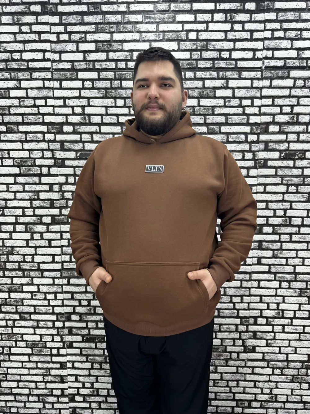 Büyük Beden Erkek 3 İplik Şardonlu Kapüşonlu Kanguru Cepli Dikiş Amblem Sweat 5 Renk