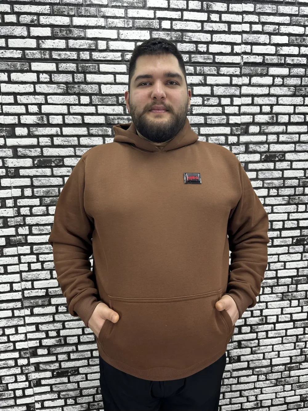 Büyük Beden Erkek 3 İplik Şardonlu Kapüşonlu Kanguru Cepli Dikiş Amblem Sweat 5 Renk