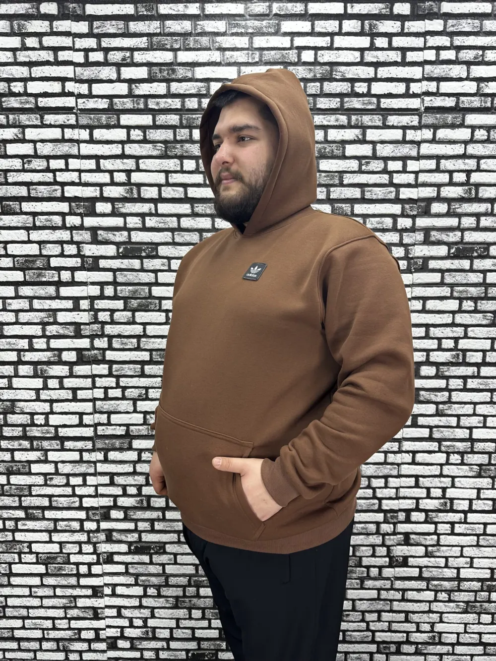 Büyük Beden Erkek 3 İplik Şardonlu Kapüşonlu Kanguru Cepli Dikiş Amblem Sweat 5 Renk