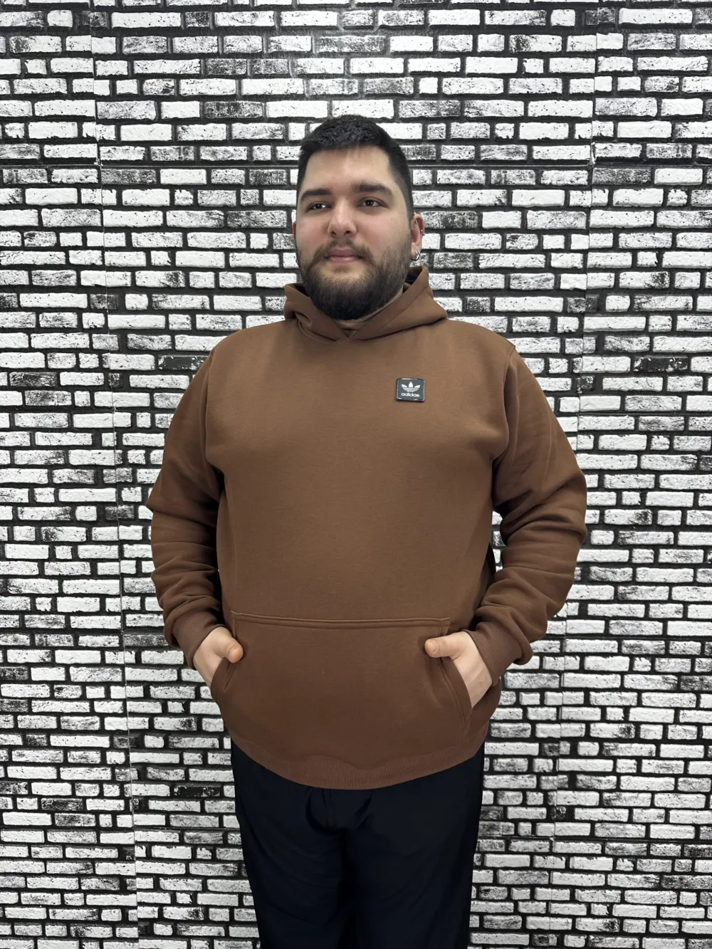 Büyük Beden Erkek 3 İplik Şardonlu Kapüşonlu Kanguru Cepli Dikiş Amblem Sweat 5 Renk