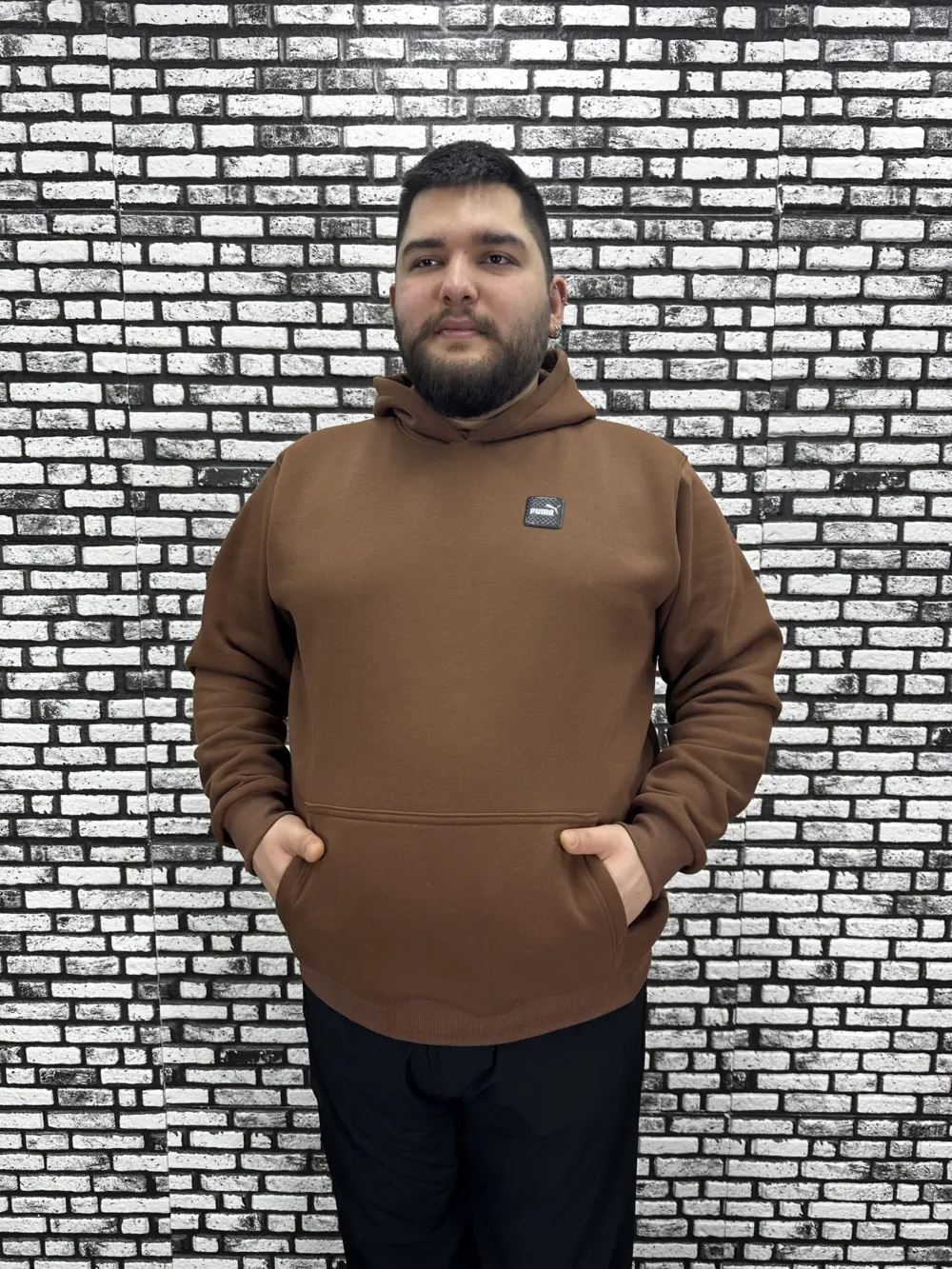 Büyük Beden Erkek 3 İplik Şardonlu Kapüşonlu Kanguru Cepli Dikiş Amblem Sweat 5 Renk