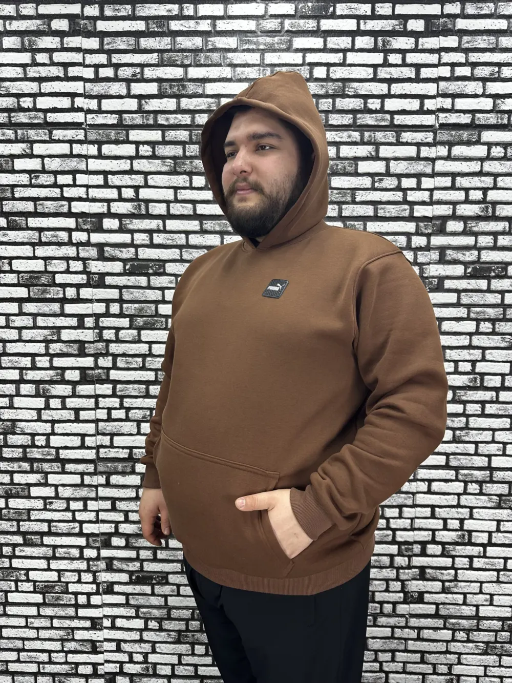Büyük Beden Erkek 3 İplik Şardonlu Kapüşonlu Kanguru Cepli Dikiş Amblem Sweat 5 Renk