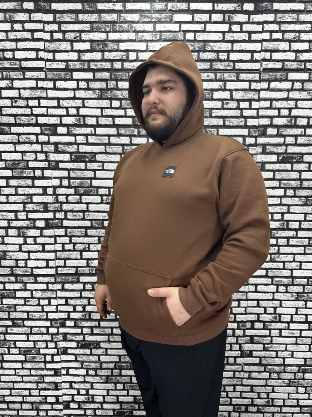 Büyük Beden Erkek 3 İplik Şardonlu Kapüşonlu Kanguru Cepli Dikiş Amblem Sweat 5 Renk