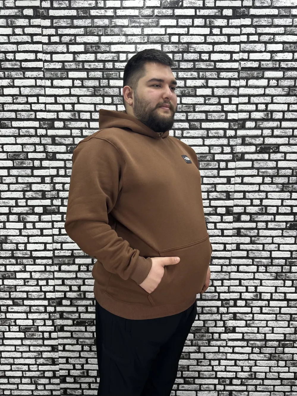 Büyük Beden Erkek 3 İplik Şardonlu Kapüşonlu Kanguru Cepli Dikiş Amblem Sweat 5 Renk