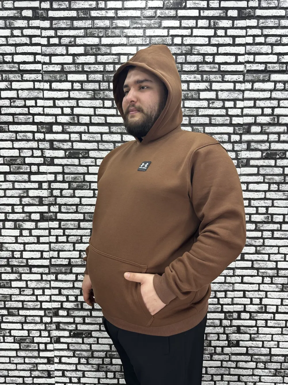 Büyük Beden Erkek 3 İplik Şardonlu Kapüşonlu Kanguru Cepli Dikiş Amblem Sweat 5 Renk