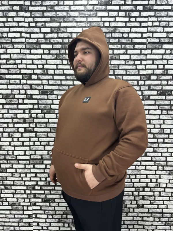 Büyük Beden Erkek 3 İplik Şardonlu Kapüşonlu Kanguru Cepli Dikiş Amblem Sweat 5 Renk