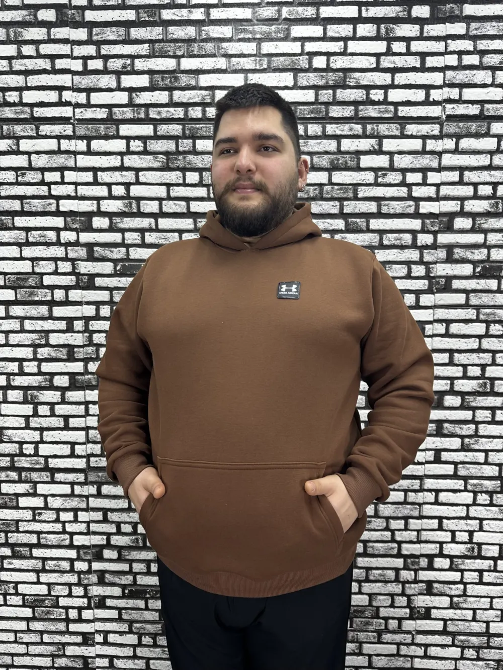 Büyük Beden Erkek 3 İplik Şardonlu Kapüşonlu Kanguru Cepli Dikiş Amblem Sweat 5 Renk