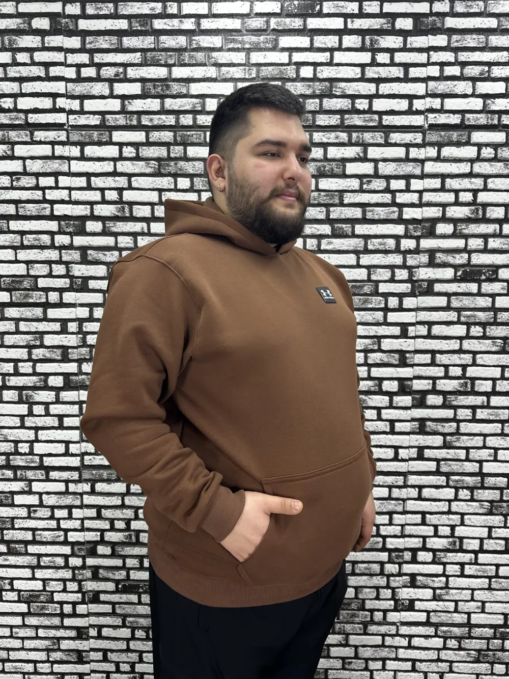 Büyük Beden Erkek 3 İplik Şardonlu Kapüşonlu Kanguru Cepli Dikiş Amblem Sweat 5 Renk