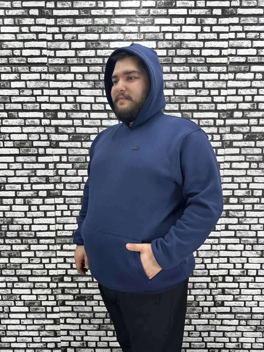 Büyük Beden Erkek 3 İplik Şardonlu Kapüşonlu Kanguru Cepli Dikiş Amblem Sweat 5 Renk